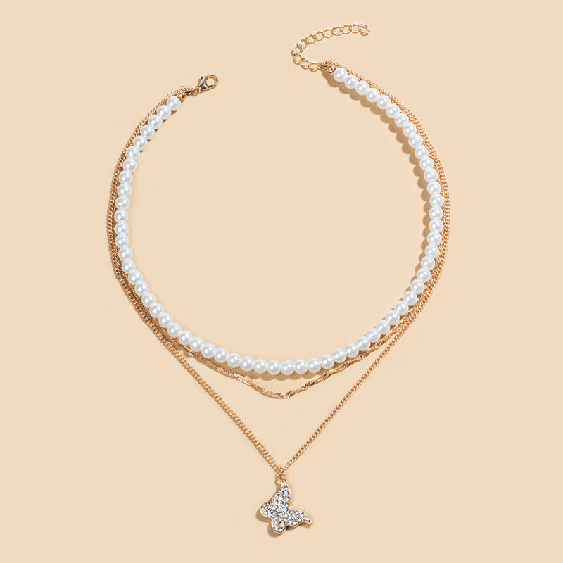 Butterfly & Pearl Multi-Layer Necklace Set