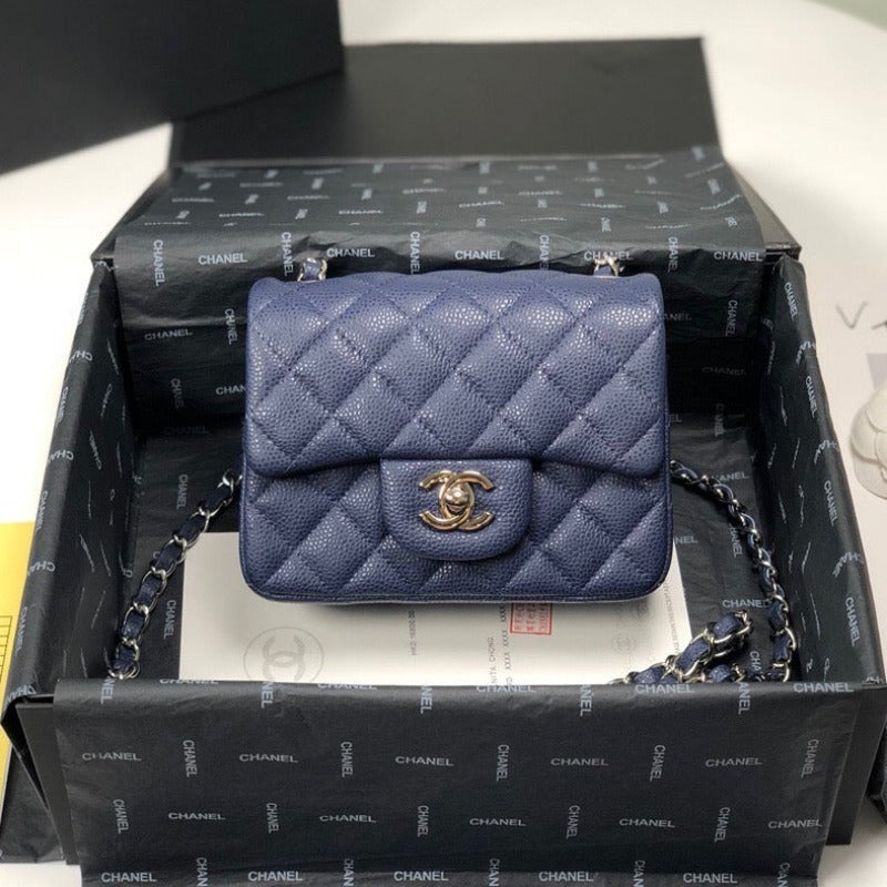 ESMEE - Caviar Mini Square Flap Bag Navy Blue