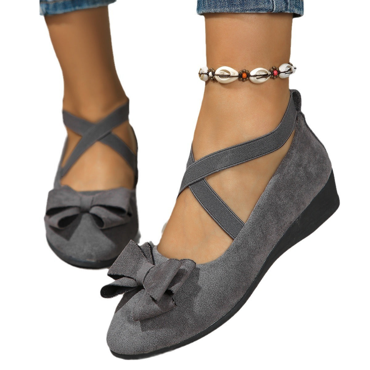 Suede Wedge Shoes with Bow & Cross Elastic Band