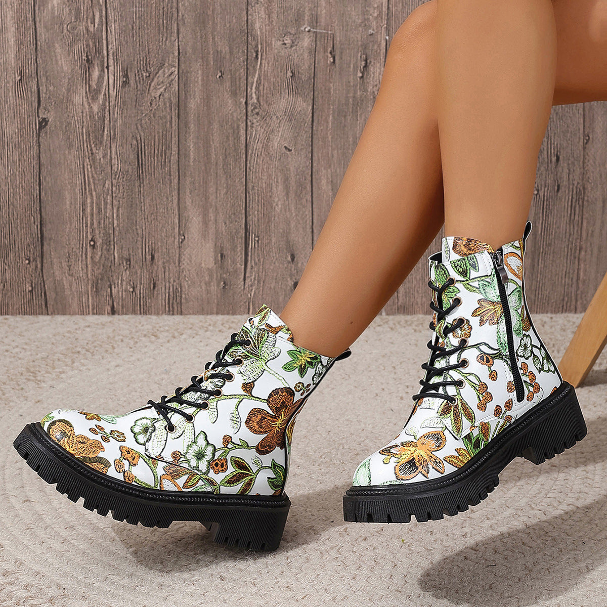 Multicolor Printed Low Heel Martin Boots