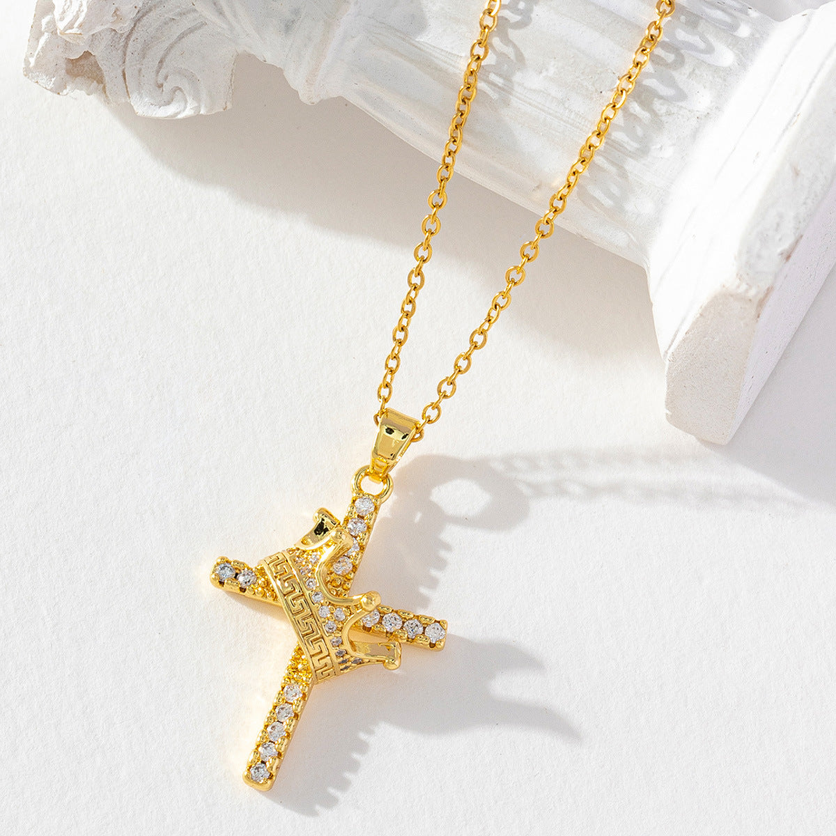 18K Gold Crown Cross Necklace