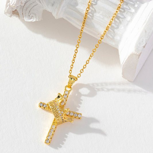 18K Gold Crown Cross Necklace