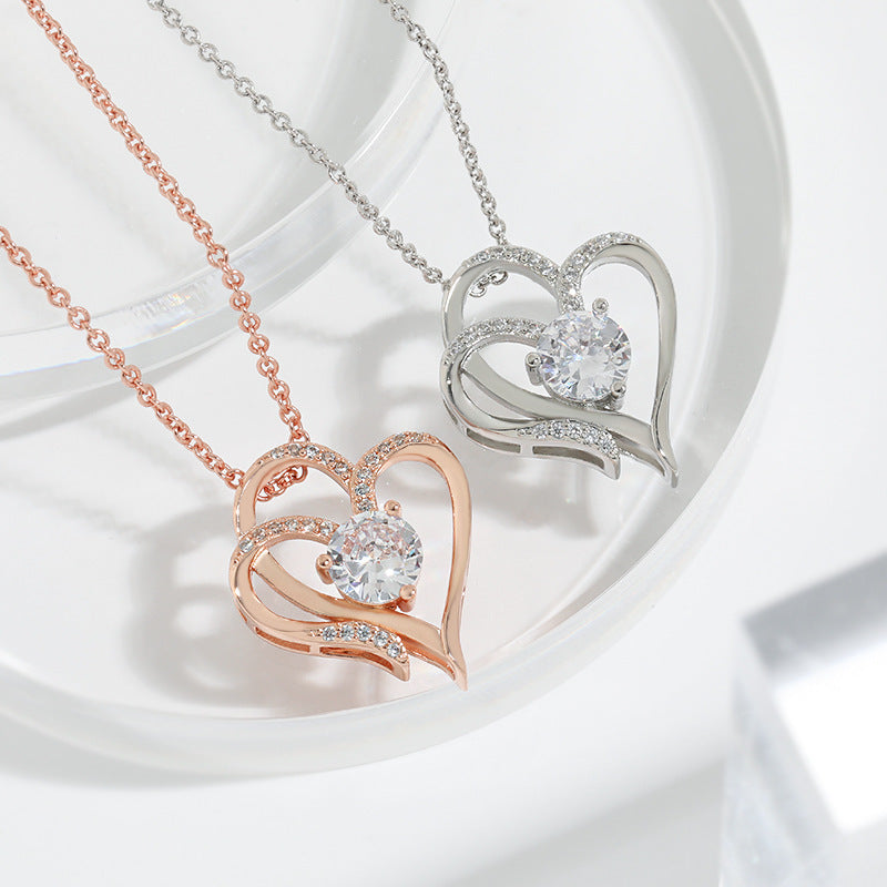 Zircon Double Heart Necklace With Rhinestones