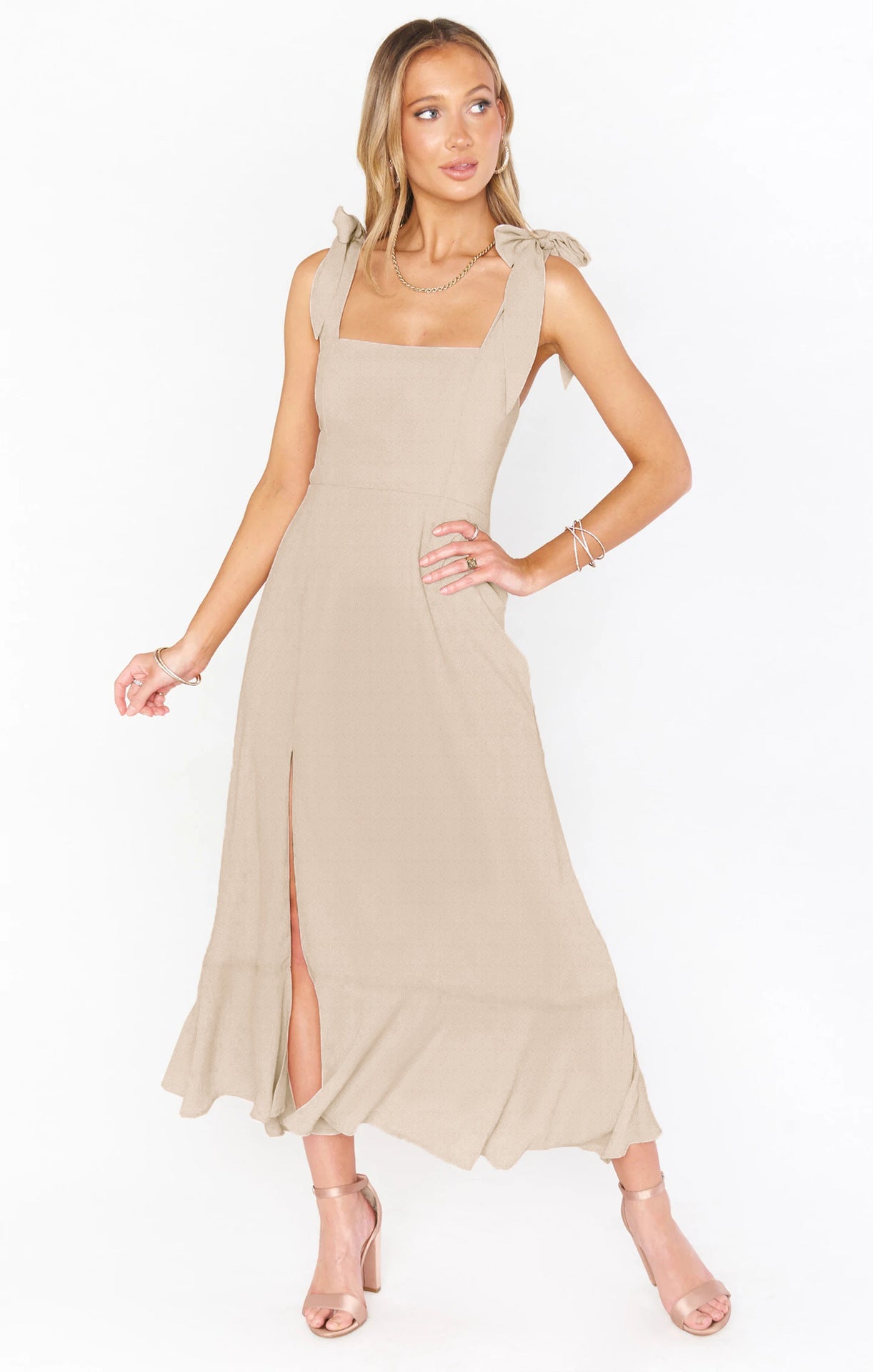 Bridesmaid Square Neck Ruffle Split Midi Dress