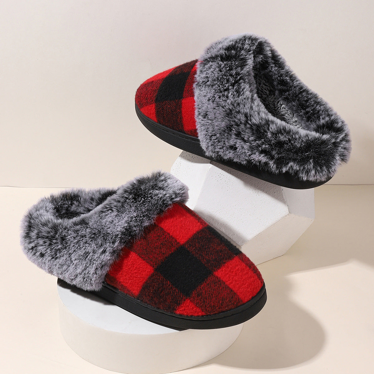 Winter Warm Plaid Plush Slippers