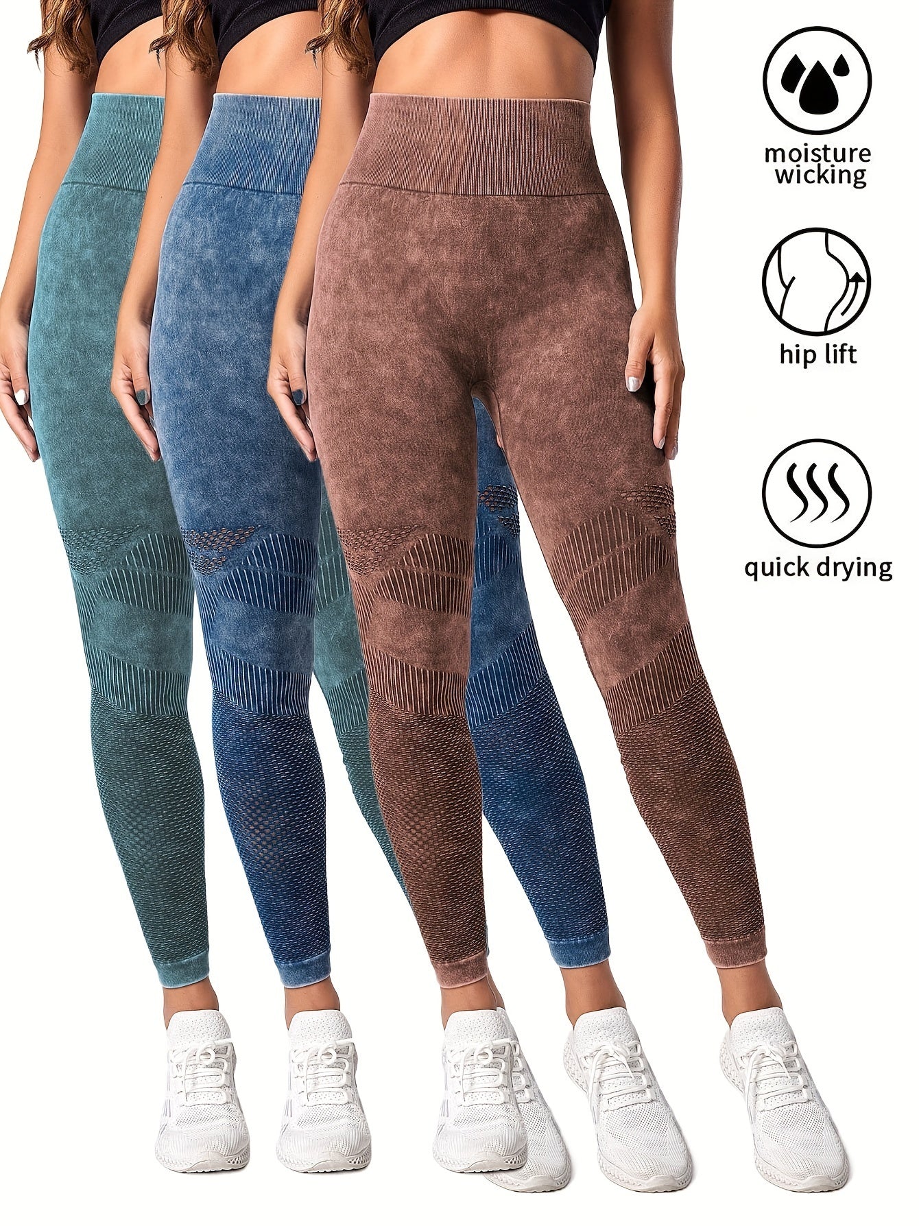 3 Pack Seamless Washed Wide Waistband Sports Leggings