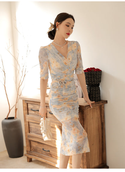 Short Sleeve Elegant Waist-Slimming Printed Mesh Dress