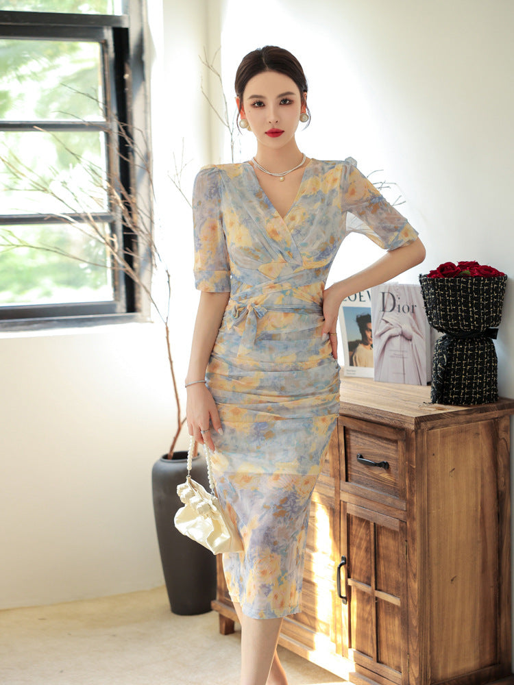 Short Sleeve Elegant Waist-Slimming Printed Mesh Dress