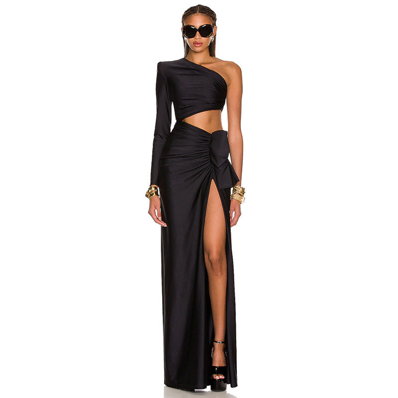 Long Sleeved Hollow Slit Sloping Shoulder Dress