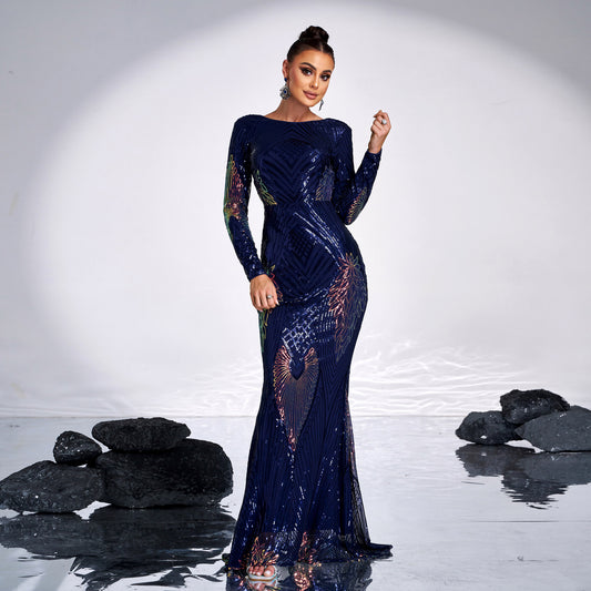 Long Sleeve Crew Neck High-Waist Sequined Dress