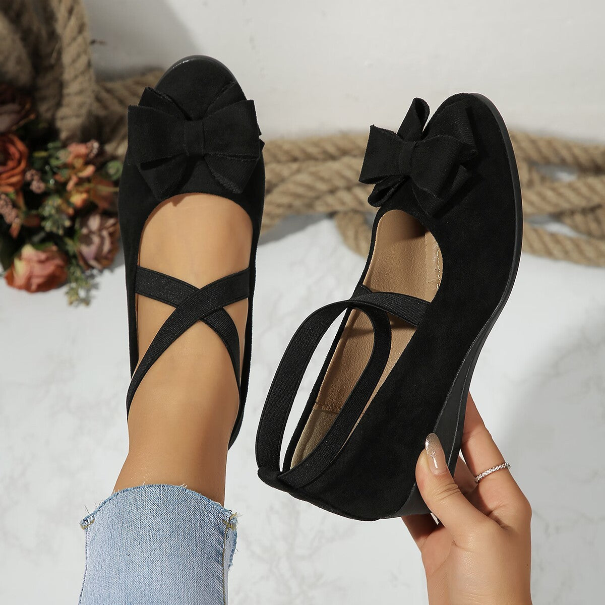 Suede Wedge Shoes with Bow & Cross Elastic Band