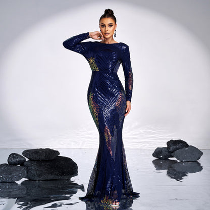 Long Sleeve Crew Neck High-Waist Sequined Dress