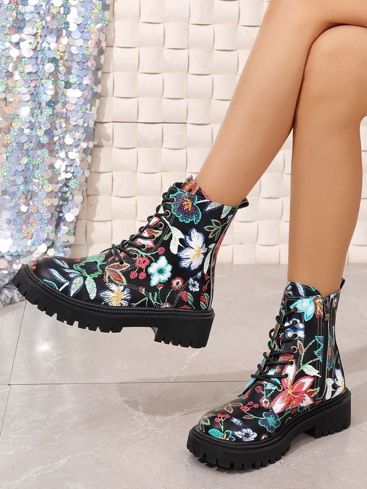 Multicolor Printed Low Heel Martin Boots