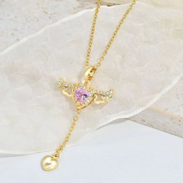 Cupid Heart & Angel Wings Tassel Necklace