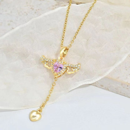 Cupid Heart & Angel Wings Tassel Necklace