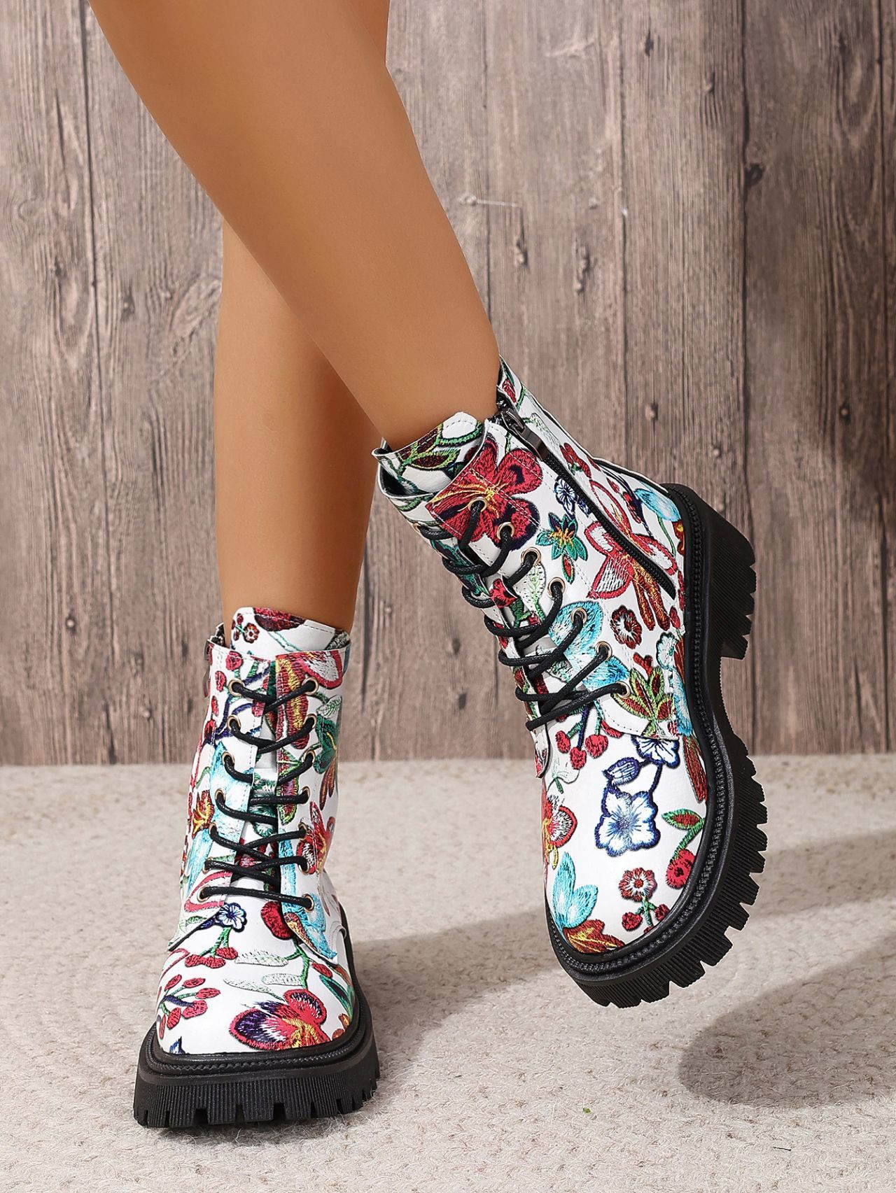 Multicolor Printed Low Heel Martin Boots