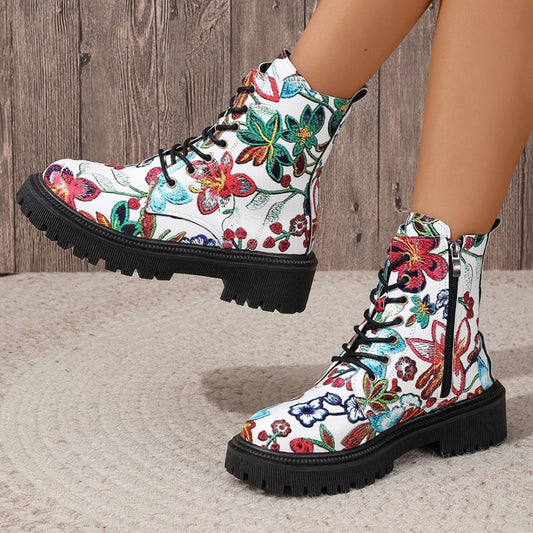 Multicolor Printed Low Heel Martin Boots