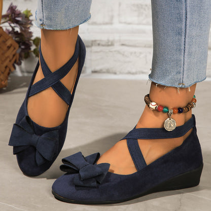 Suede Wedge Shoes with Bow & Cross Elastic Band