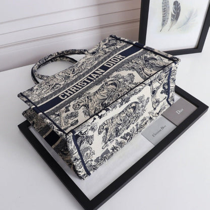 Book Tote Canvas Bag Blue Toile De Jouy Embroidery