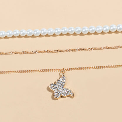 Butterfly & Pearl Multi-Layer Necklace Set