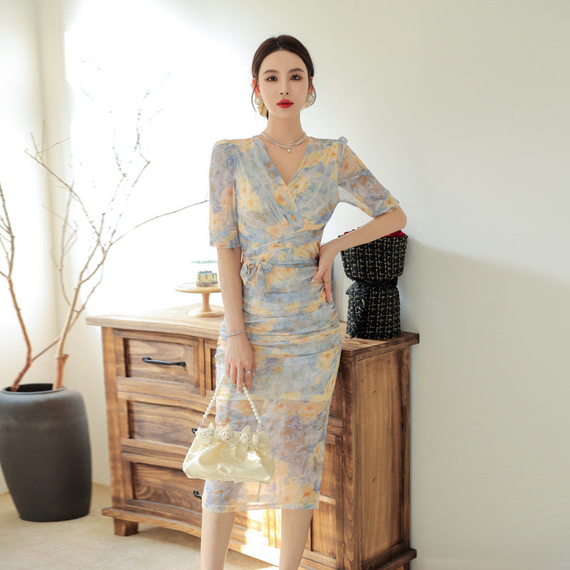 Short Sleeve Elegant Waist-Slimming Printed Mesh Dress