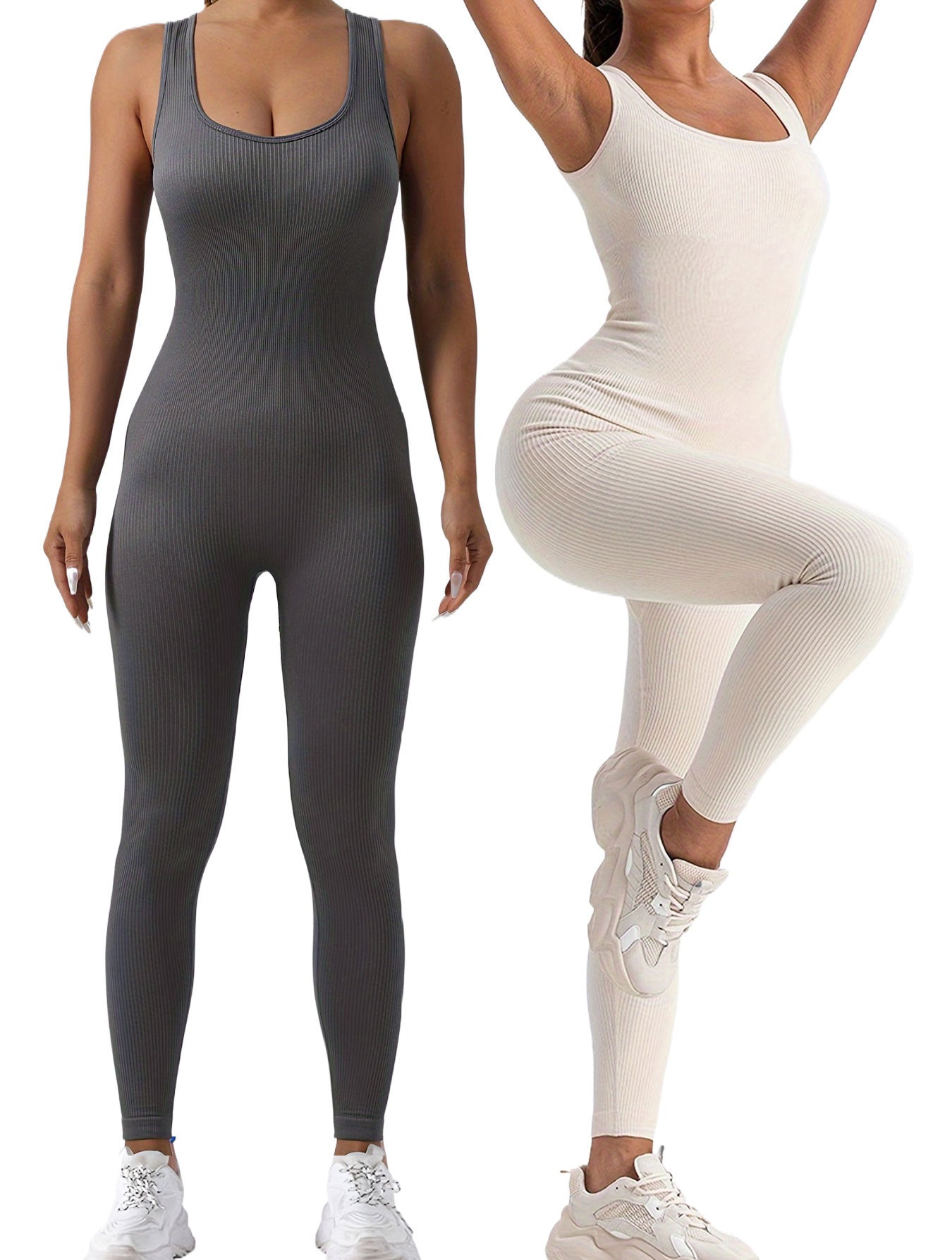 2 Pack Ribbed Solid Color One-Piece Jumpsuit