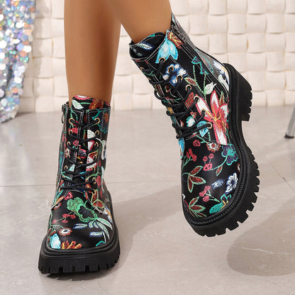 Multicolor Printed Low Heel Martin Boots