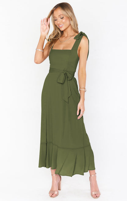 Bridesmaid Square Neck Ruffle Split Midi Dress