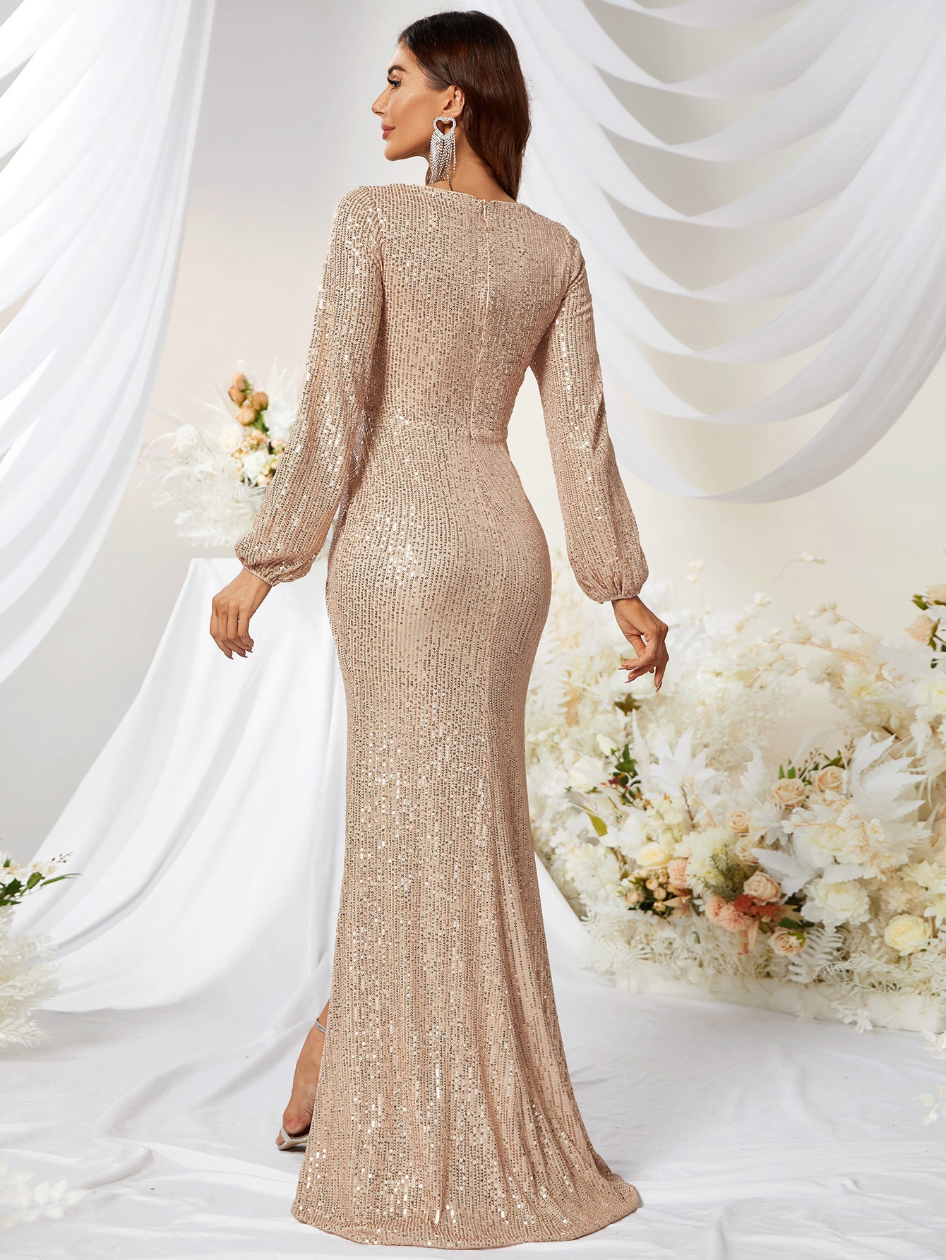 Sequined V-Neck Long Sleeve Evening Dress