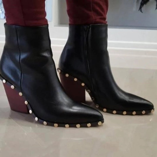 Solid Color Rivet Pointed Toe Short Boots