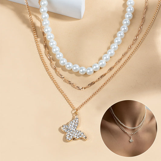 Butterfly & Pearl Multi-Layer Necklace Set