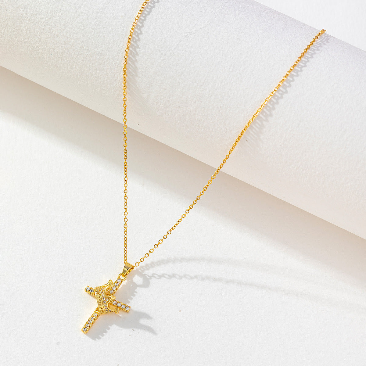 18K Gold Crown Cross Necklace