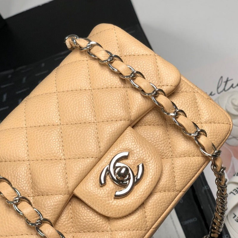 ESMEE - Caviar Mini Square Flap Bag Beige