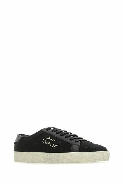 Sleek Black Canvas & Leather Low-Top Sneakers