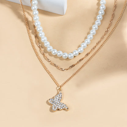 Butterfly & Pearl Multi-Layer Necklace Set