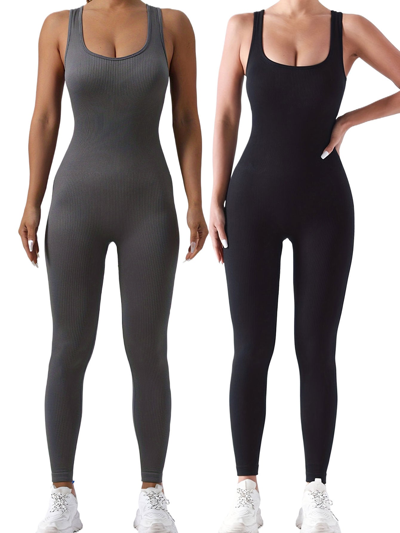 2 Pack Ribbed Solid Color One-Piece Jumpsuit