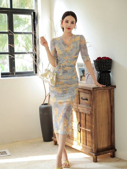 Short Sleeve Elegant Waist-Slimming Printed Mesh Dress