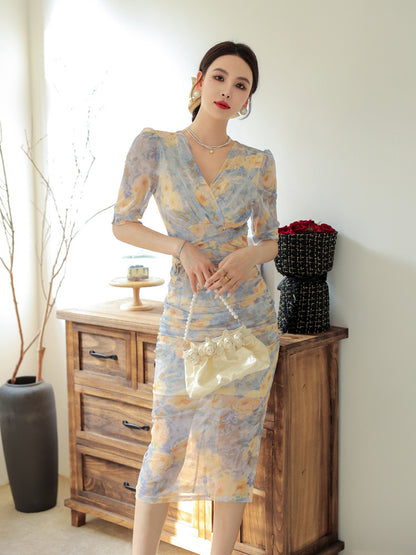 Short Sleeve Elegant Waist-Slimming Printed Mesh Dress