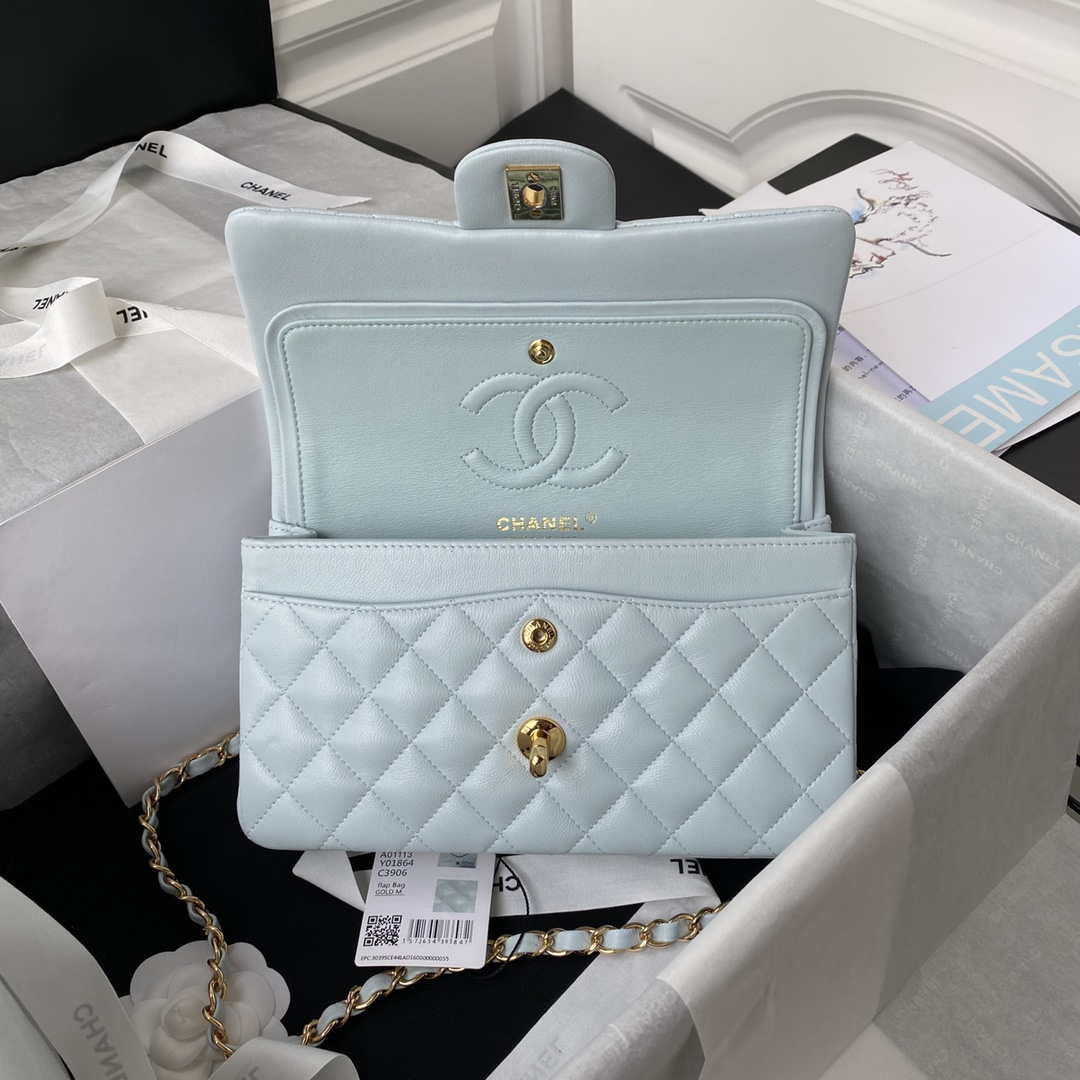 ESMEE - Classic Flap Handbag Light Blue Lambskin Gold