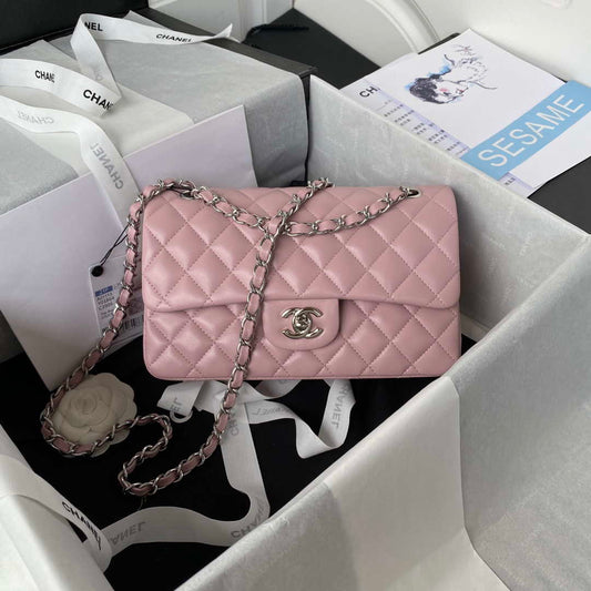 ESMEE - Classic Flap Handbag Light Pink Lambskin Silver