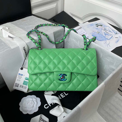 ESMEE - Classic Flap Handbag Green Lambskin With Blue Hardware