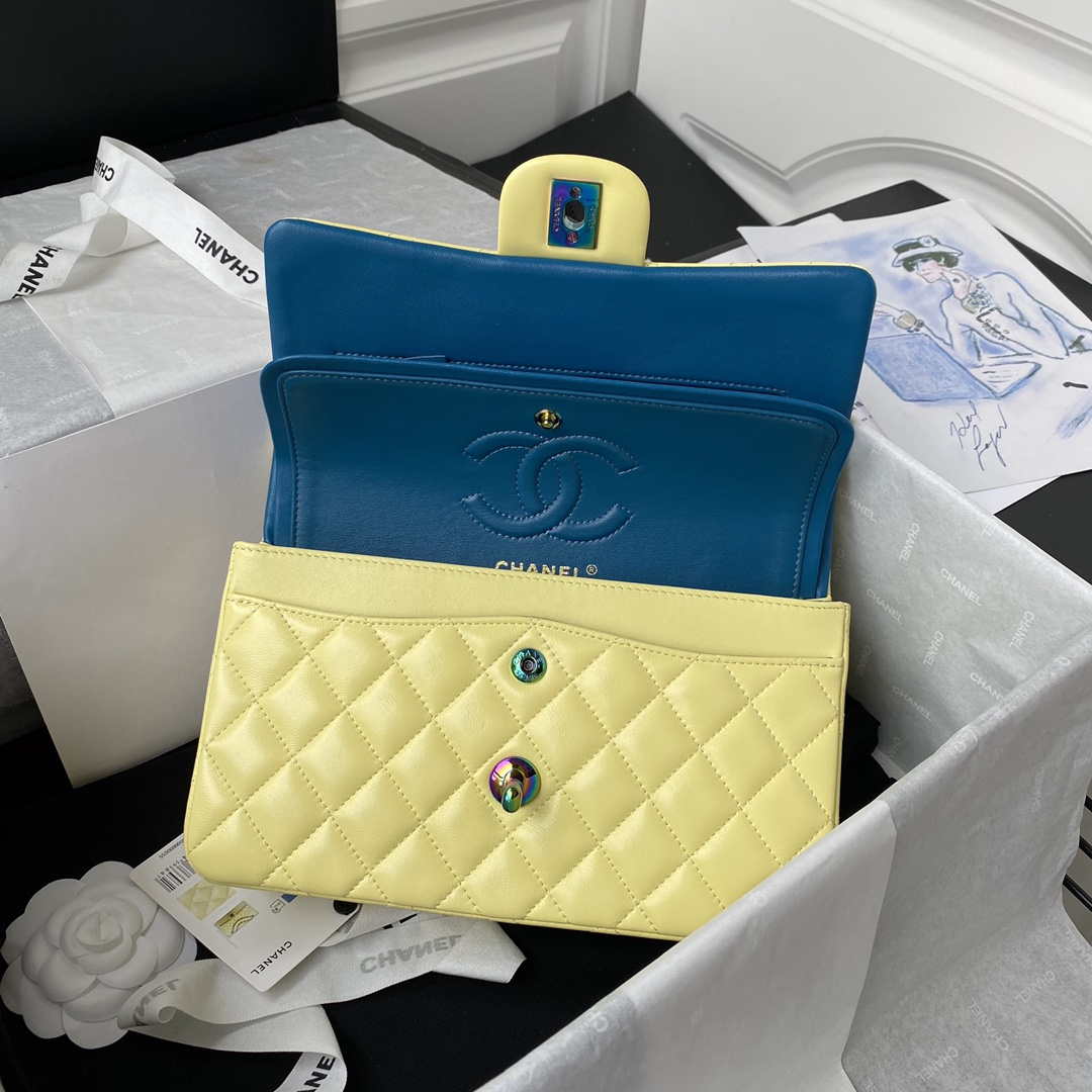 ESMEE - Classic Flap Handbag Yellow Lambskin With Blue Hardware