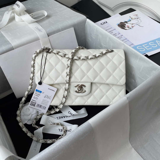 ESMEE - Classic Flap Handbag Grained shiny Calfskin White Silver