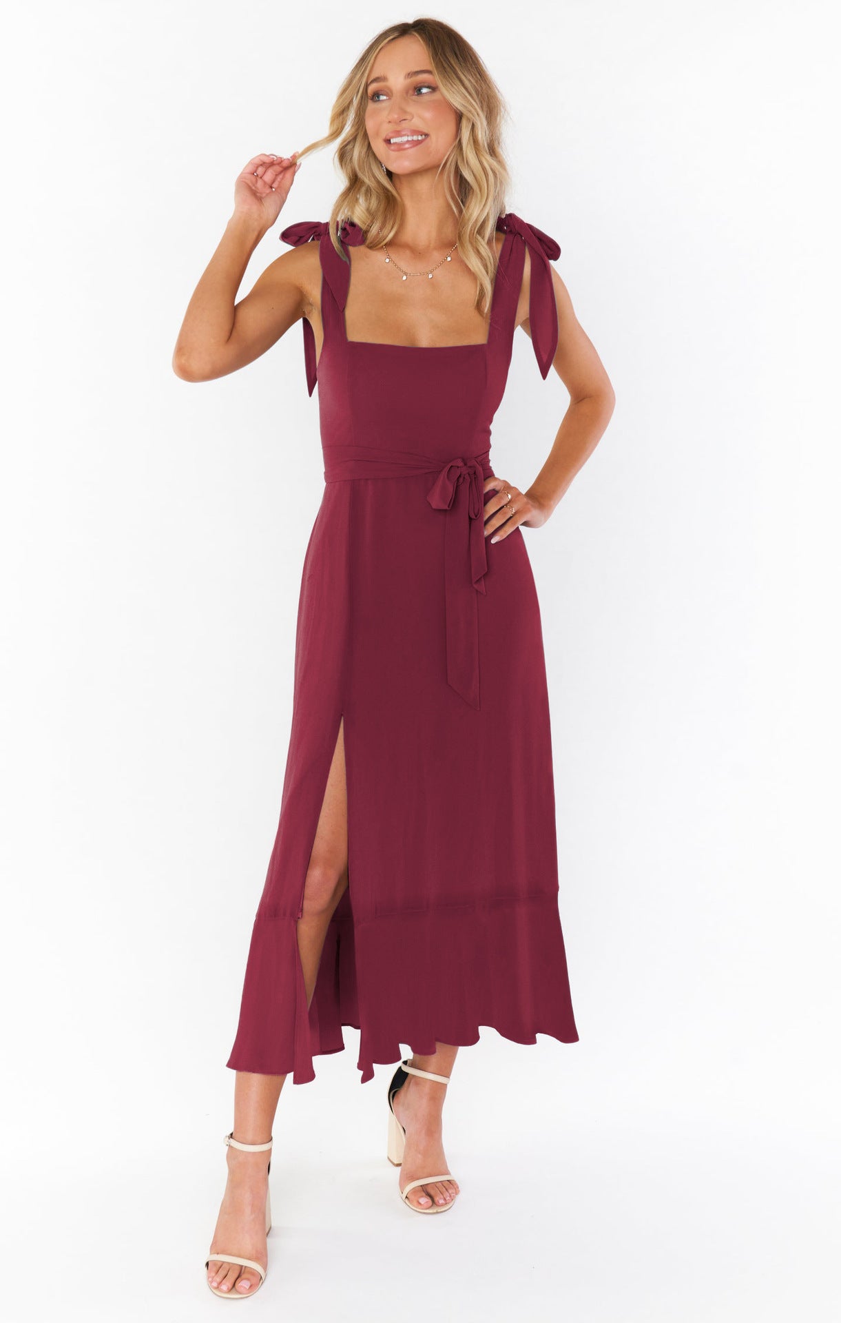 Bridesmaid Square Neck Ruffle Split Midi Dress