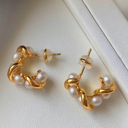 Silver Needle Winding Pearl Earrings