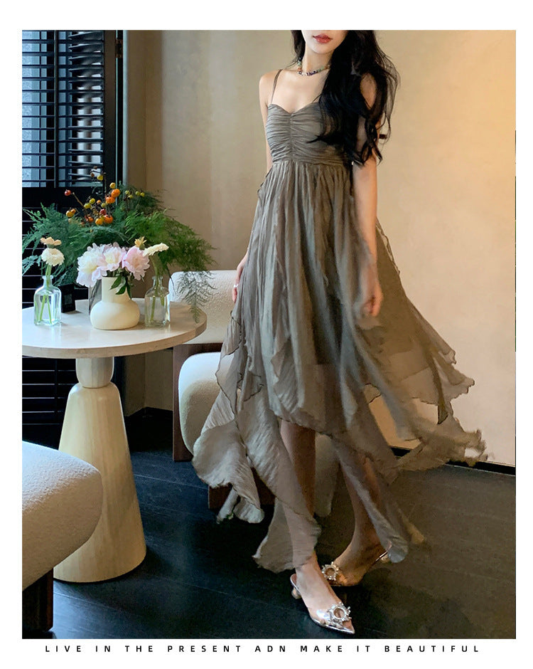 Elegant Pleated Irregular Midi Dress