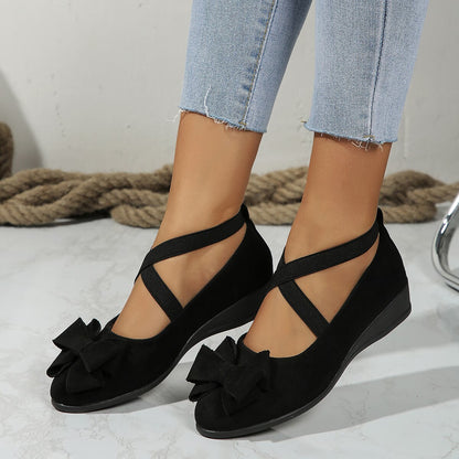 Suede Wedge Shoes with Bow & Cross Elastic Band