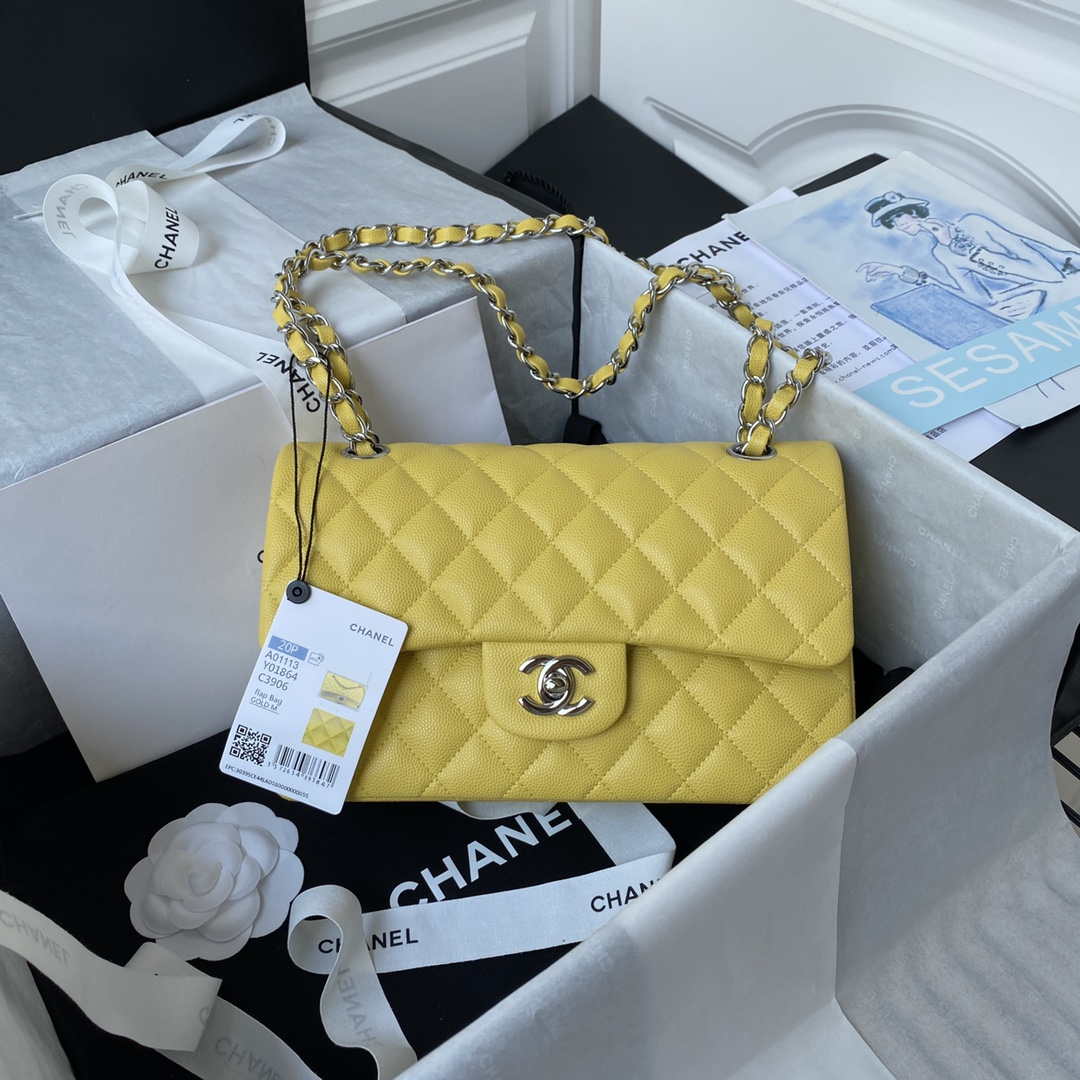 ESMEE - Classic Flap Handbag Grained Calfskin Yellow Silver Hardware